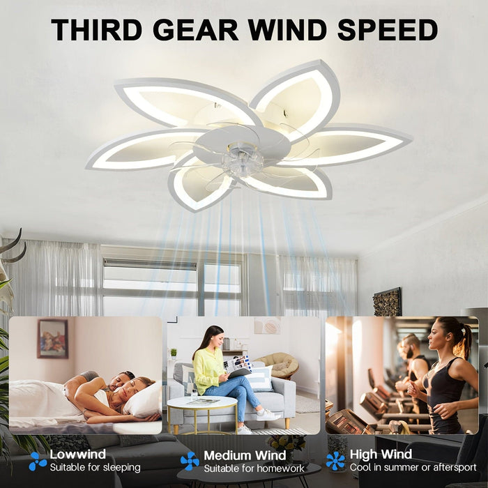 30 in. Modern Flower-Shaped Ceiling Fan with LED Light Remote Control, Low Profile Flush Mount Ceiling Fan, Smart Dimmable Bladeless Ceiling Fan-ErisView