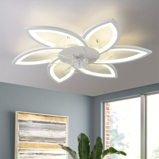 30 in. Modern Flower-Shaped Ceiling Fan with LED Light Remote Control, Low Profile Flush Mount Ceiling Fan, Smart Dimmable Bladeless Ceiling Fan-White-ErisView