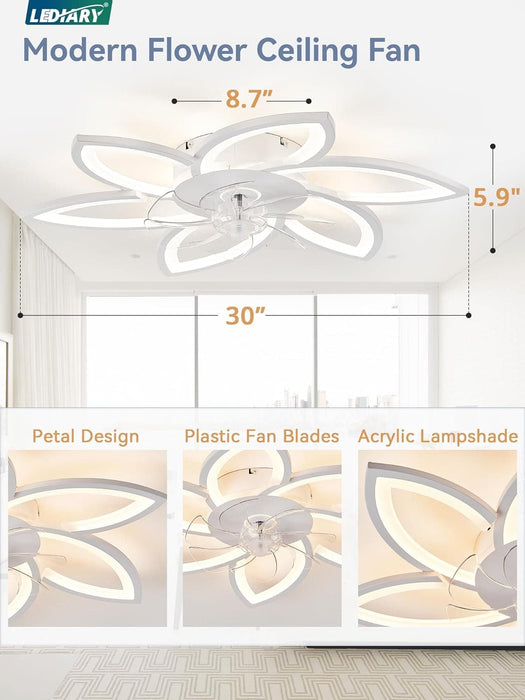 30 in. Modern Flush Mount Ceiling Fan with Remote and APP Control, Flower Ceiling Fan, Low Profile Ceiling Fan with Lights, Silent Ceiling Fan-5-ErisView