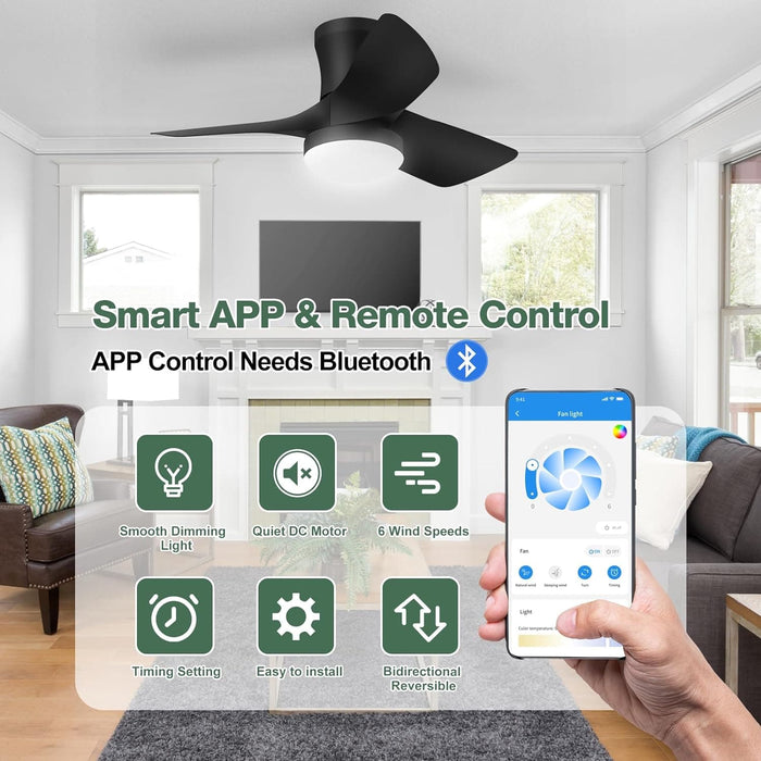 30 in. Quiet Low Profile Ceiling Fan with Lights and Remote APP Control, Reversible Dimmable Flush Mount Black Ceiling Fan for Bedroom Bathroom-2-ErisView
