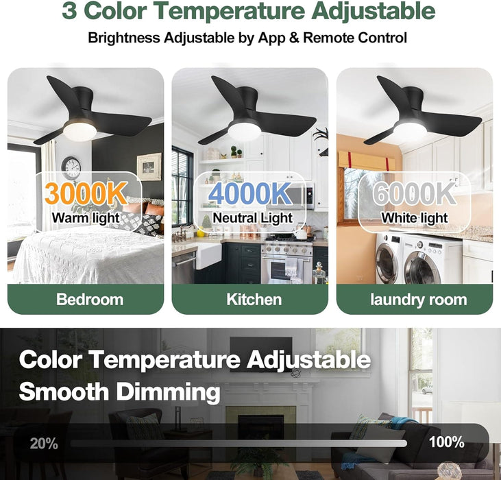 30 in. Quiet Low Profile Ceiling Fan with Lights and Remote APP Control, Reversible Dimmable Flush Mount Black Ceiling Fan for Bedroom Bathroom-3-ErisView
