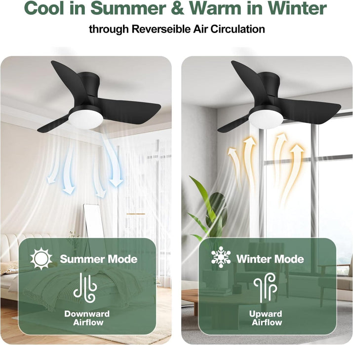 30 in. Quiet Low Profile Ceiling Fan with Lights and Remote APP Control, Reversible Dimmable Flush Mount Black Ceiling Fan for Bedroom Bathroom-4-ErisView