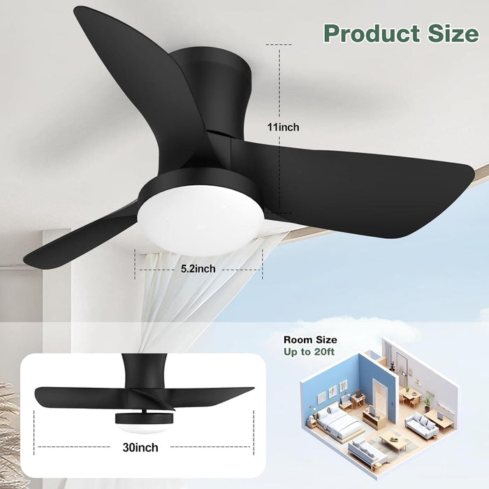 30 in. Quiet Low Profile Ceiling Fan with Lights and Remote APP Control, Reversible Dimmable Flush Mount Black Ceiling Fan for Bedroom Bathroom-6-ErisView