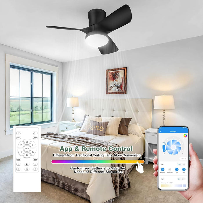 30 in. Quiet Low Profile Ceiling Fan with Lights and Remote APP Control, Reversible Dimmable Flush Mount Black Ceiling Fan for Bedroom Bathroom-7-ErisView