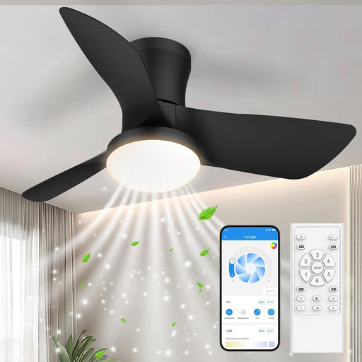 30 in. Quiet Low Profile Ceiling Fan with Lights and Remote APP Control, Reversible Dimmable Flush Mount Black Ceiling Fan for Bedroom Bathroom-1-ErisView
