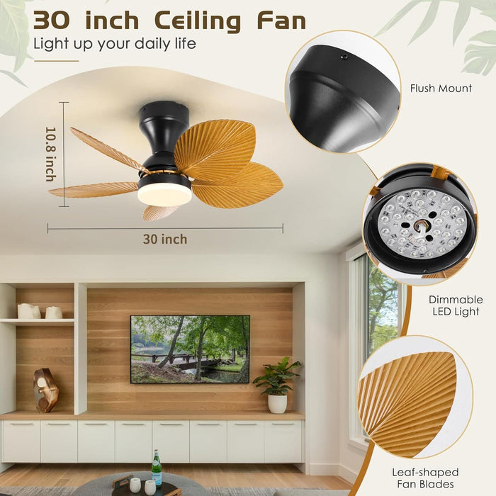 30 in. Remote Control Ceiling Fan and Light, 5 Palm Leaf Ceiling Fan with Light, Bedroom Kitchen Ceiling Fans-2-ErisView