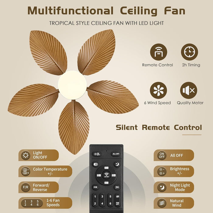 30 in. Remote Control Ceiling Fan and Light, 5 Palm Leaf Ceiling Fan with Light, Bedroom Kitchen Ceiling Fans-3-ErisView