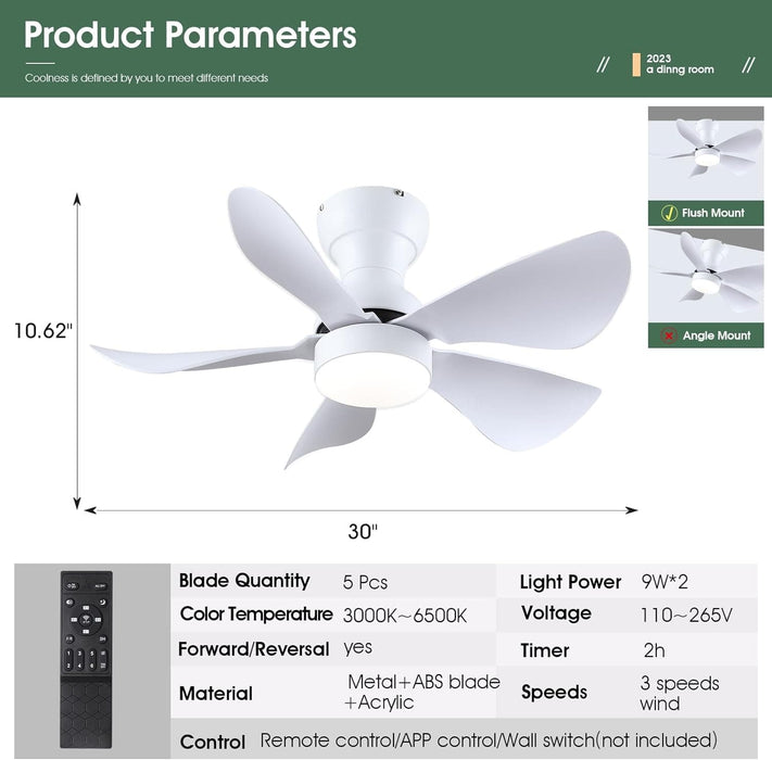 30 in. Remote Control Ceiling Fan and Light APP Control, Low Profile Ceiling Fan with 5 Reversible Blades for Bedroom Kitchen Dining Room Ceiling Fan-5-ErisView