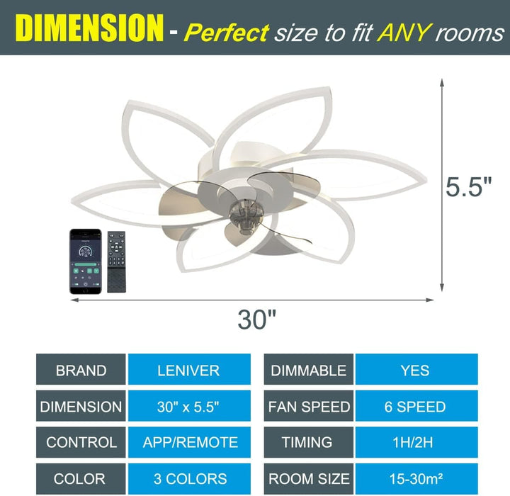 30 in. Remote Control Ceiling Fan with Light, Modern Low Profile Flush Mount Ceiling Fan, Bedroom Living Dining Room Kitchen Ceiling Fans for Low Ceiling-2-ErisView