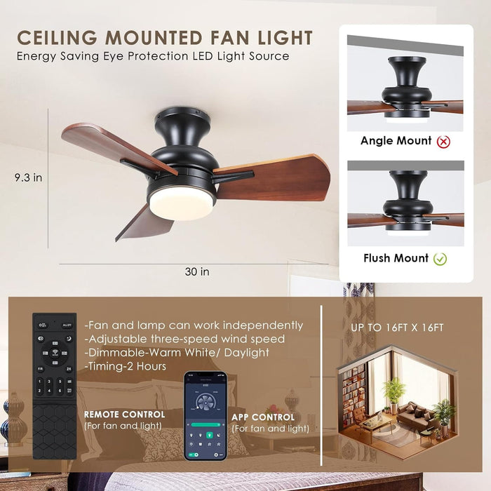 30 in. Small Flush Mount Ceiling Fans Wite Remote APP Control, Wood Ceiling Fan with Lights, Reversible Low Profile Ceiling Fan for Bedroom-5-ErisView