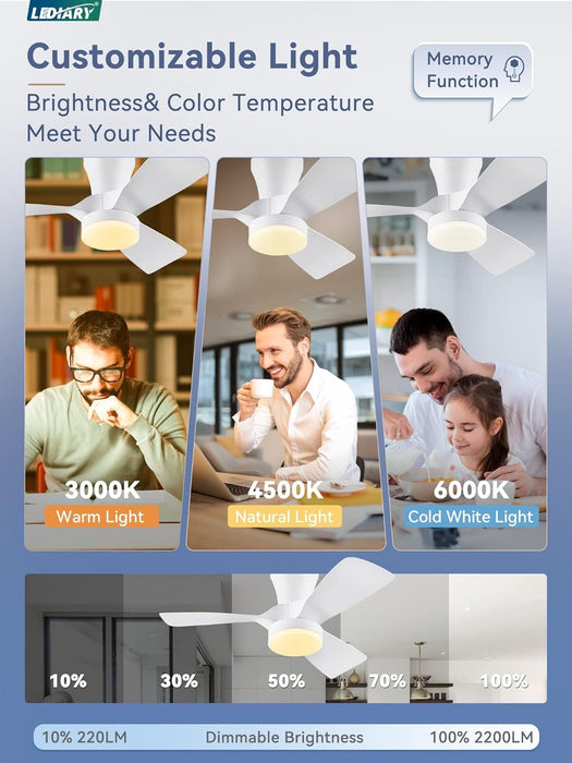 30 in. White Flush Mount Ceiling Fan and Light Remote, Low Profile Reversible DC Ceiling Fan, LED Modern Ceiling Fan for Bedroom Living Room Kitchen with-2-ErisView