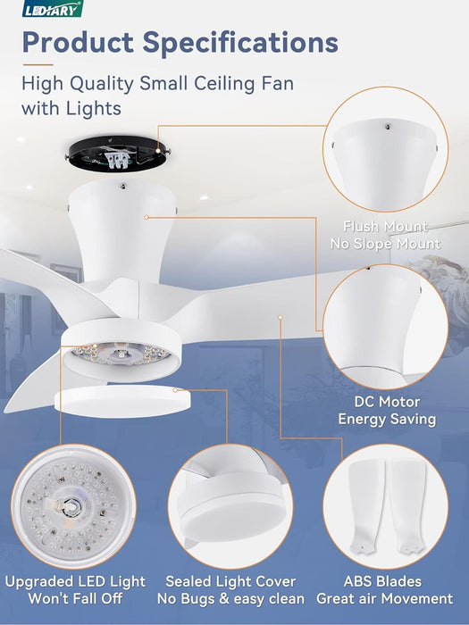 30 in. White Flush Mount Ceiling Fan and Light Remote, Low Profile Reversible DC Ceiling Fan, LED Modern Ceiling Fan for Bedroom Living Room Kitchen with-4-ErisView