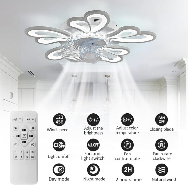 31 in. Flower Modern Ceiling Fan with Light and Remote, Dimmable Silent Invisible Fandelier for Bedroom Living Room, Decorative Ceiling Fan with Light-14-ErisView