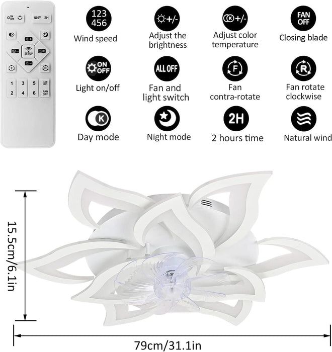 31 in. Flower Modern Ceiling Fan with Light and Remote, Dimmable Silent Invisible Fandelier for Bedroom Living Room, Decorative Ceiling Fan with Light-48-ErisView