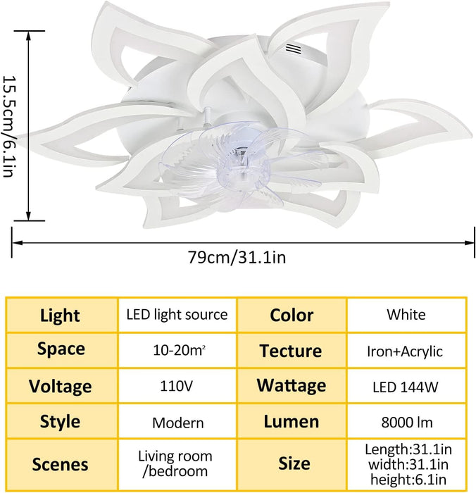 31 in. Flower Modern Ceiling Fan with Light and Remote, Dimmable Silent Invisible Fandelier for Bedroom Living Room, Decorative Ceiling Fan with Light-51-ErisView