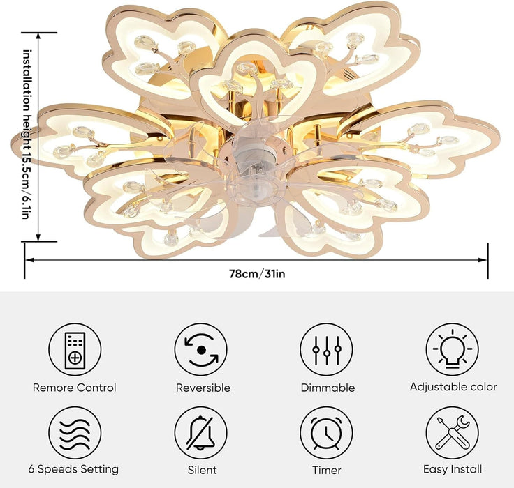 31 in. Flower Modern Ceiling Fan with Light and Remote, Dimmable Silent Invisible Fandelier for Bedroom Living Room, Decorative Ceiling Fan with Light-7-ErisView