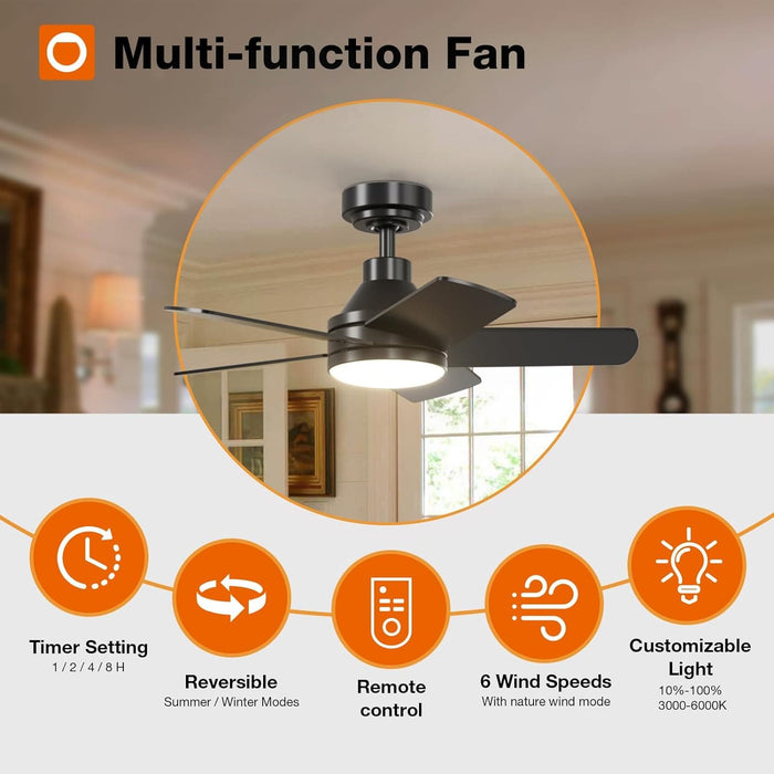 32 in. Black Farmhouse Small Outdoor Ceiling Fan with Light and Remote, Reversible Dimmable Noiseless Ceiling Fan, Bedroom Ceiling Fans-2-ErisView