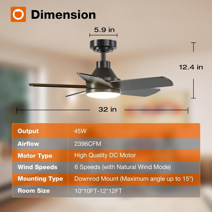32 in. Black Farmhouse Small Outdoor Ceiling Fan with Light and Remote, Reversible Dimmable Noiseless Ceiling Fan, Bedroom Ceiling Fans-8-ErisView
