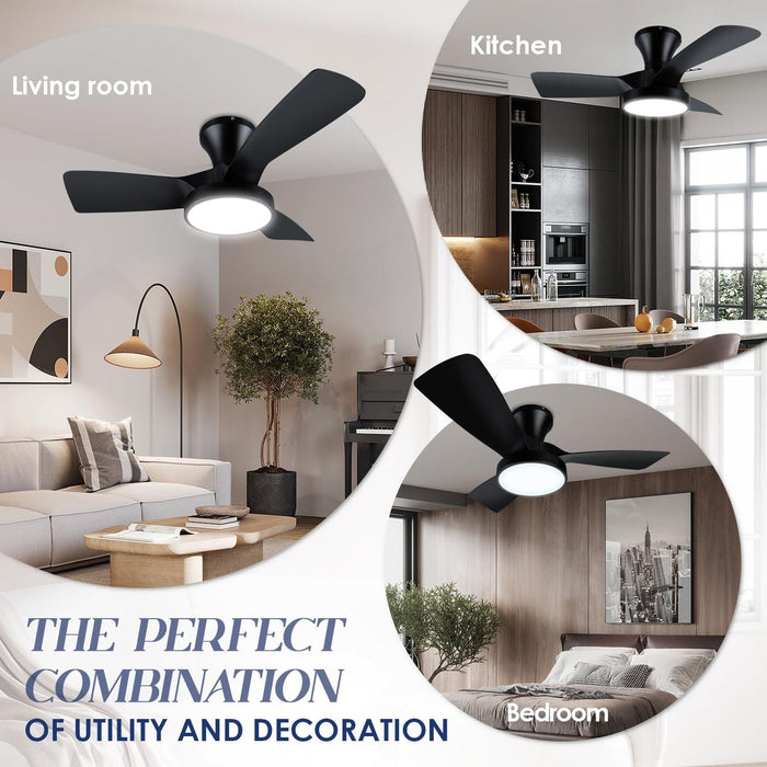 32 in. Black Low Ceiling Fan, Bedroom Ceiling Fans with Lights Remote, 3 Blades Fans Lamp for Kitchen Bedroom Dining Room Patio -6-ErisView