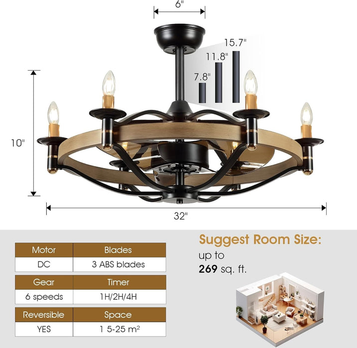 32 in. Chandelier Ceiling Fan with Lights and Remote, Bladeless Rustic Ceiling Fans, Farmhouse Caged Ceiling Fan for Living Room -2-ErisView