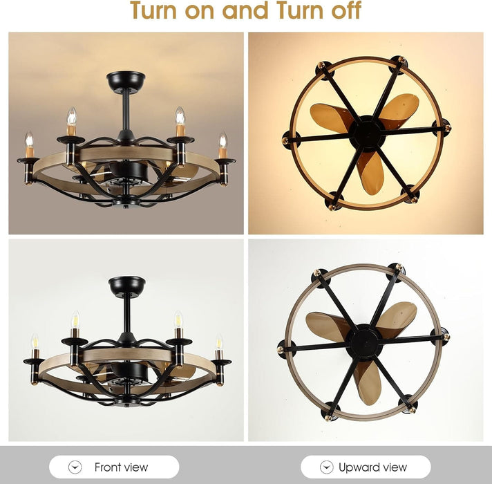 32 in. Chandelier Ceiling Fan with Lights and Remote, Bladeless Rustic Ceiling Fans, Farmhouse Caged Ceiling Fan for Living Room -3-ErisView