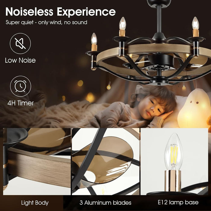 32 in. Chandelier Ceiling Fan with Lights and Remote, Bladeless Rustic Ceiling Fans, Farmhouse Caged Ceiling Fan for Living Room -4-ErisView