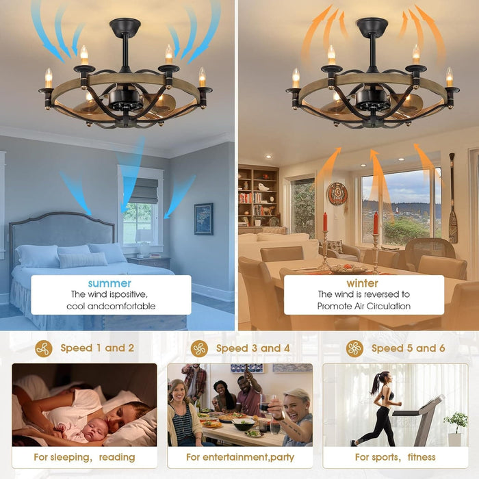 32 in. Chandelier Ceiling Fan with Lights and Remote, Bladeless Rustic Ceiling Fans, Farmhouse Caged Ceiling Fan for Living Room -5-ErisView