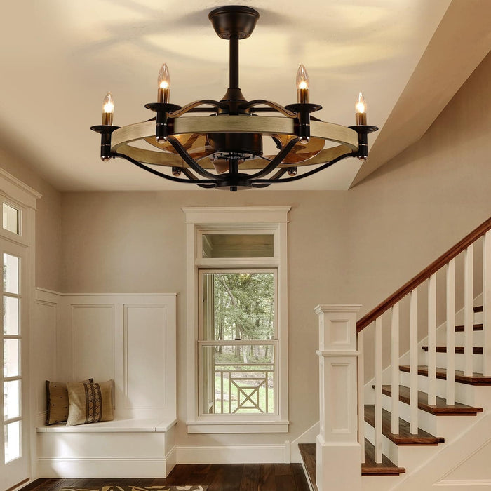 32 in. Chandelier Ceiling Fan with Lights and Remote, Bladeless Rustic Ceiling Fans, Farmhouse Caged Ceiling Fan for Living Room -6-ErisView