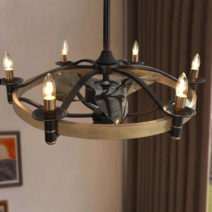 32 in. Chandelier Ceiling Fan with Lights and Remote, Bladeless Rustic Ceiling Fans, Farmhouse Caged Ceiling Fan for Living Room -7-ErisView