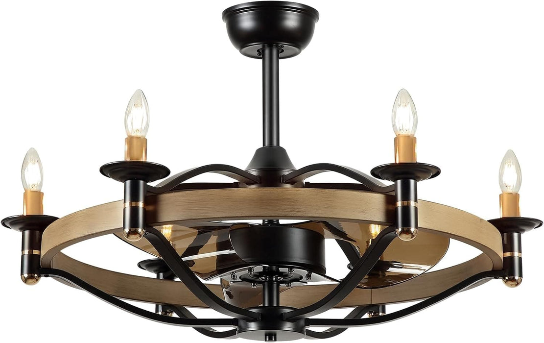 32 in. Chandelier Ceiling Fan with Lights and Remote, Bladeless Rustic Ceiling Fans, Farmhouse Caged Ceiling Fan for Living Room -1-ErisView