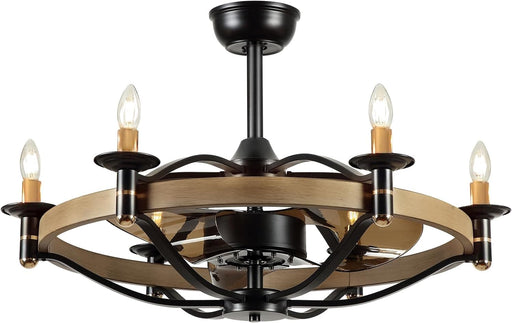 32 in. Chandelier Ceiling Fan with Lights and Remote, Bladeless Rustic Ceiling Fans, Farmhouse Caged Ceiling Fan for Living Room -1-ErisView