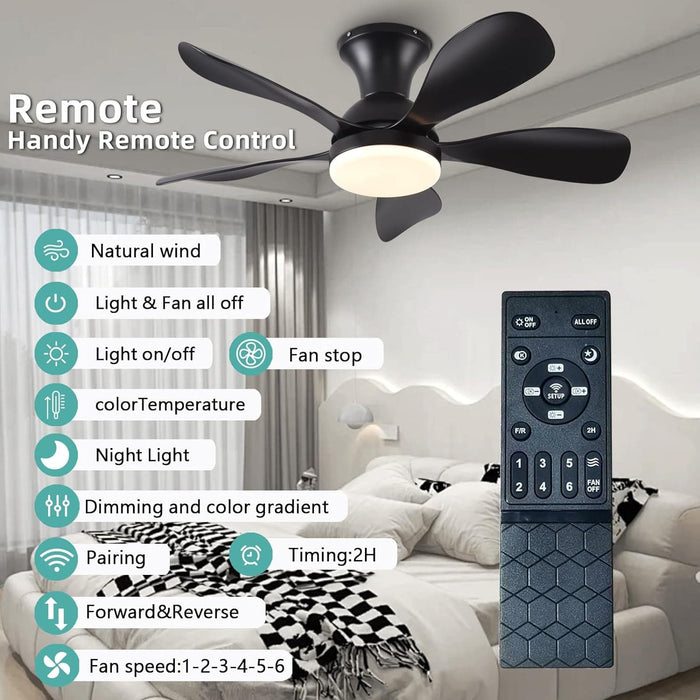 33 in. Black Outdoor Low Profile Ceiling Fan with Light Remote APP Control for Patio, Modern Indoor Flush Mount Ceiling Fan for Bedroom Living Room-6-ErisView