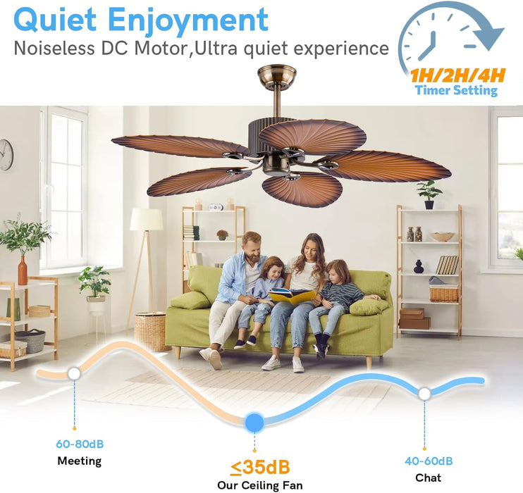 52 in. Indoor Outdoor Ceiling Fan Without Lights, Tropical Coffee Finish Palm Leaf Blades Remote Control, Reversible Quiet Motor, for Patio, Porch, Living Room Low Profile Ceiling Fan
