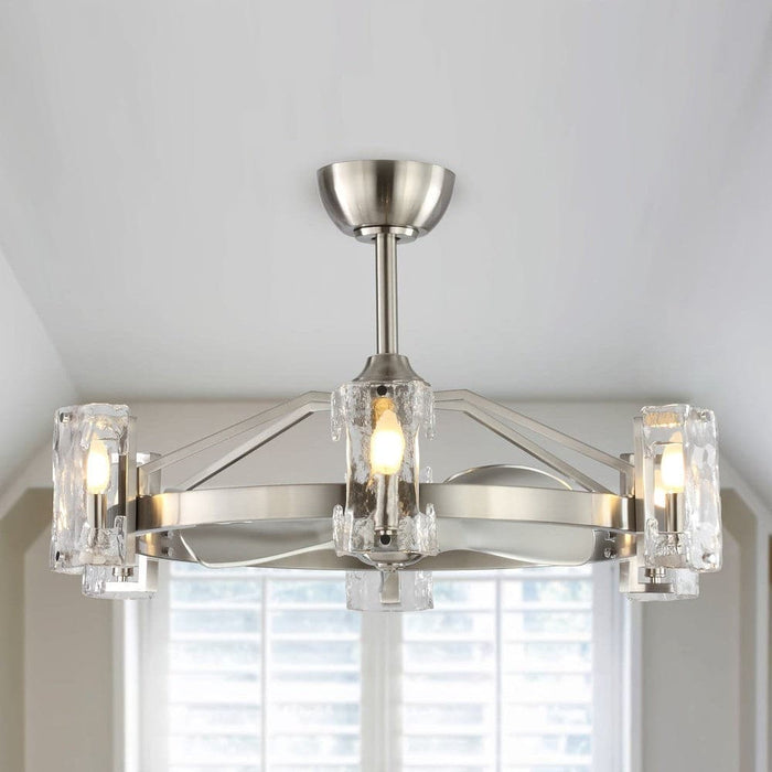 34 in Modern Downrod Mount Reversible Ceiling Fan with Light and Remote Control, Brushed Nickel Wagon Wheel Chandelier with Candle Shaped Light-ErisView