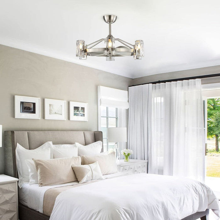 34 in Modern Downrod Mount Reversible Ceiling Fan with Light and Remote Control, Brushed Nickel Wagon Wheel Chandelier with Candle Shaped Light-ErisView