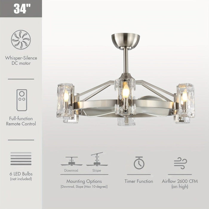 34 in Modern Downrod Mount Reversible Ceiling Fan with Light and Remote Control, Brushed Nickel Wagon Wheel Chandelier with Candle Shaped Light-ErisView
