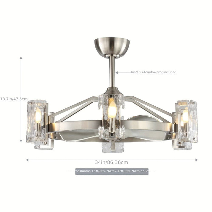 34 in Modern Downrod Mount Reversible Ceiling Fan with Light and Remote Control, Brushed Nickel Wagon Wheel Chandelier with Candle Shaped Light-ErisView
