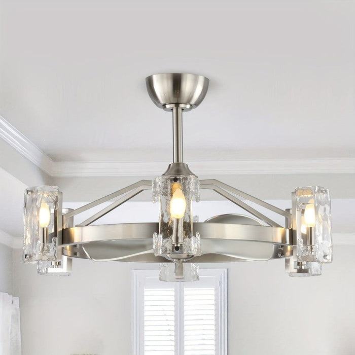 34 in Modern Downrod Mount Reversible Ceiling Fan with Light and Remote Control, Brushed Nickel Wagon Wheel Chandelier with Candle Shaped Light-ErisView