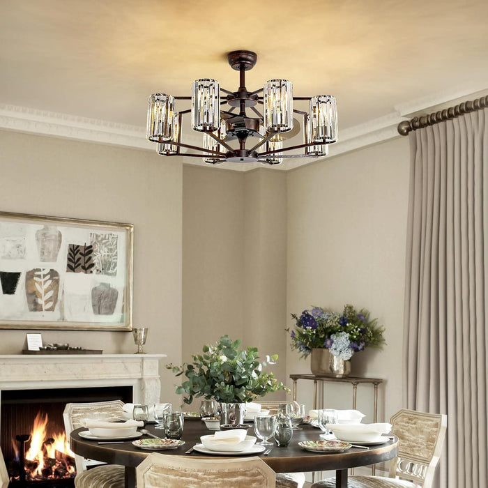 34 in. Crystal Chandelier Ceiling Fan, Vintage Flush Mount Fandelier for Bedroom, Farmhouse Bronze Ceiling Fan for Dining Room Living Room Kitchen-2-ErisView