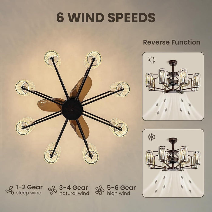 34 in. Crystal Chandelier Ceiling Fan, Vintage Flush Mount Fandelier for Bedroom, Farmhouse Bronze Ceiling Fan for Dining Room Living Room Kitchen-3-ErisView