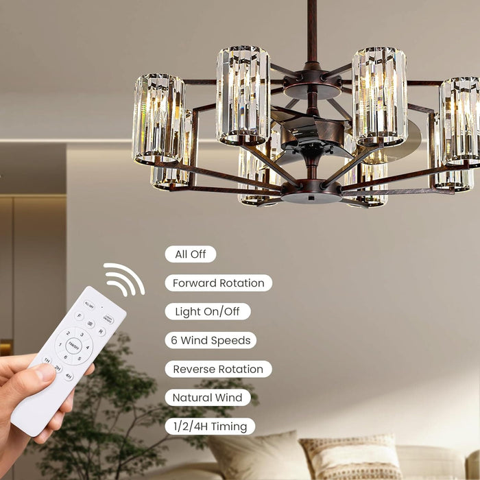 34 in. Crystal Chandelier Ceiling Fan, Vintage Flush Mount Fandelier for Bedroom, Farmhouse Bronze Ceiling Fan for Dining Room Living Room Kitchen-6-ErisView