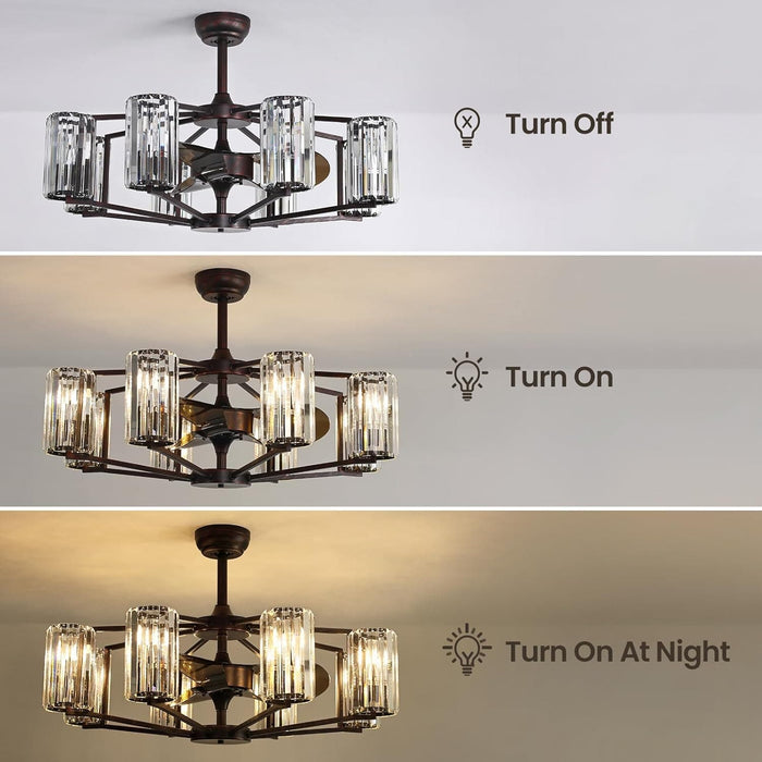 34 in. Crystal Chandelier Ceiling Fan, Vintage Flush Mount Fandelier for Bedroom, Farmhouse Bronze Ceiling Fan for Dining Room Living Room Kitchen-7-ErisView