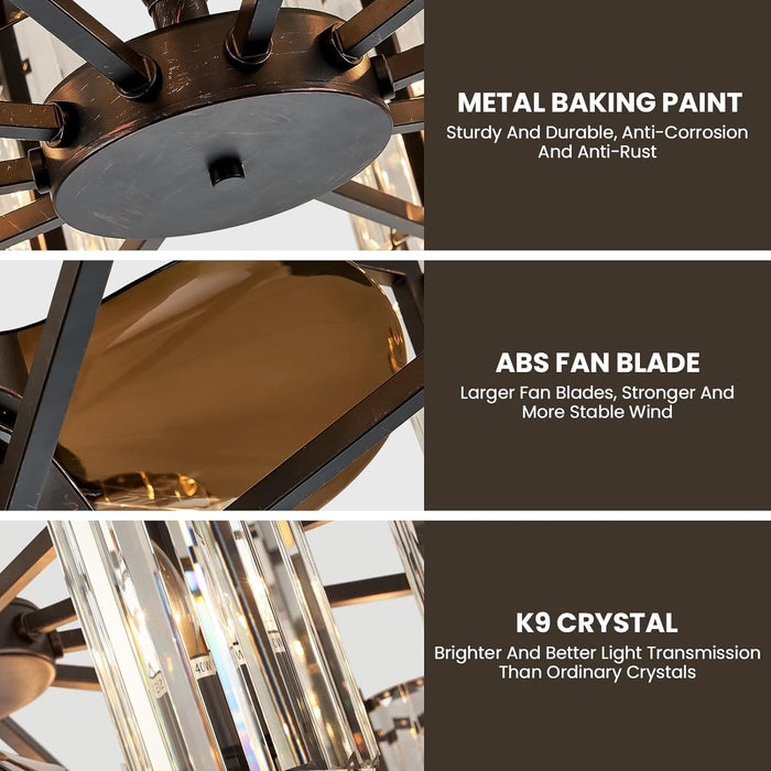 34 in. Crystal Chandelier Ceiling Fan, Vintage Flush Mount Fandelier for Bedroom, Farmhouse Bronze Ceiling Fan for Dining Room Living Room Kitchen-8-ErisView