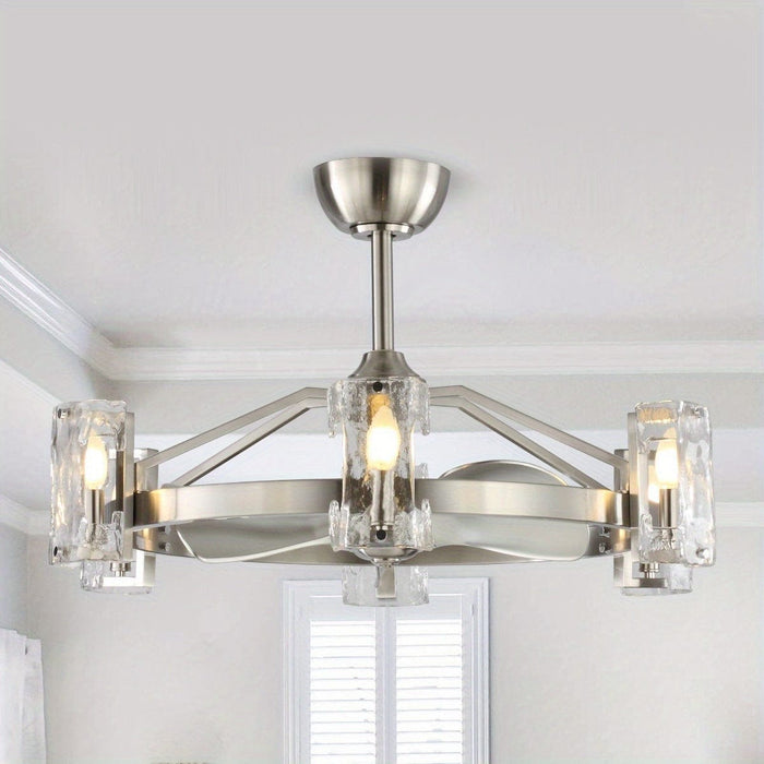 34 in. Modern Brushed Nickel Downrod Mount Reversible Ceiling Fan with LED Light and Remote Control-ErisView