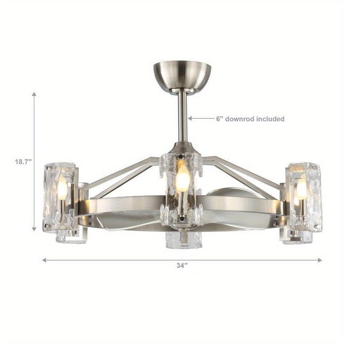 34 in. Modern Brushed Nickel Downrod Mount Reversible Ceiling Fan with LED Light and Remote Control-ErisView