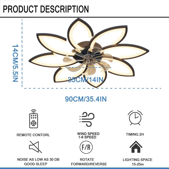 35 in. Black Flush Mount Bladeless Ceiling Fan with Remote, Modern Low Profile Ceiling Fan with Dimmable LED Light, Wind Timing Bedroom Ceiling Fans-8-ErisView