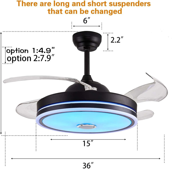 36 in. Black Bluetooth Ceiling Fan with Light and Remote, Dimmable RGB Fandelier with Music Player, Retractable Blade Ceiling Fan for Living Room Bedroom-3-ErisView