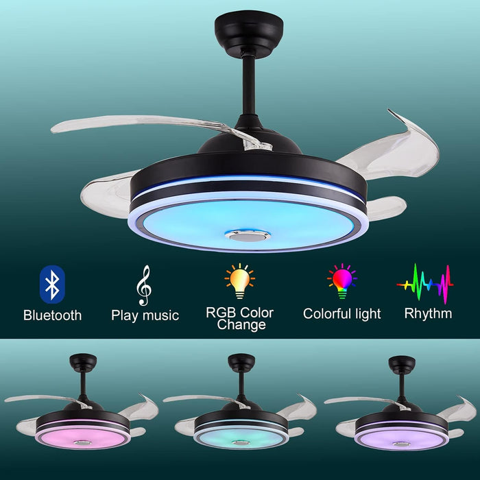 36 in. Black Bluetooth Ceiling Fan with Light and Remote, Dimmable RGB Fandelier with Music Player, Retractable Blade Ceiling Fan for Living Room Bedroom-5-ErisView
