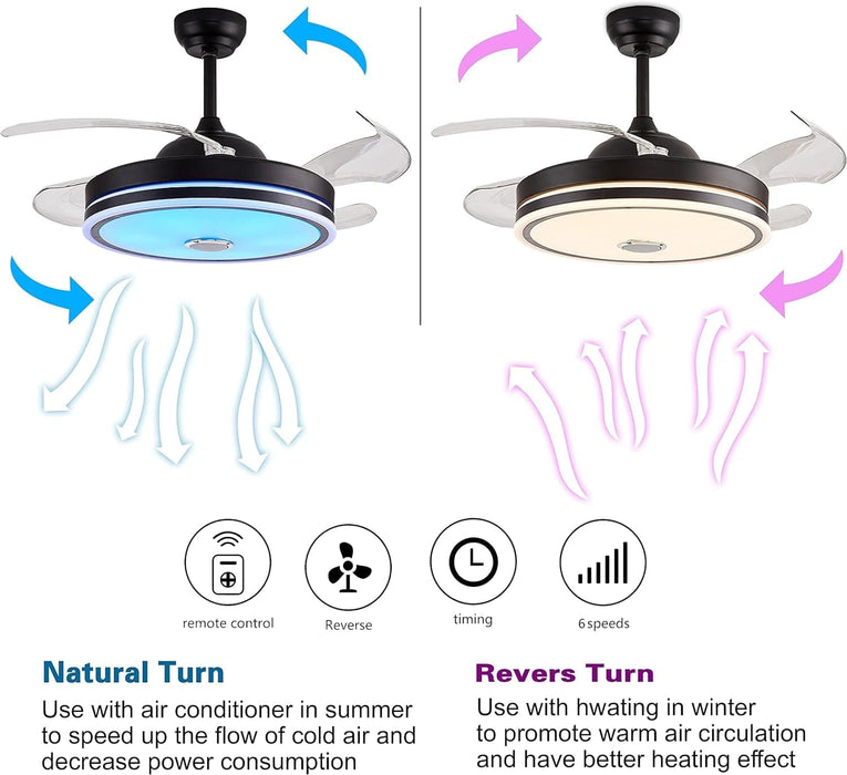 36 in. Black Bluetooth Ceiling Fan with Light and Remote, Dimmable RGB Fandelier with Music Player, Retractable Blade Ceiling Fan for Living Room Bedroom-7-ErisView