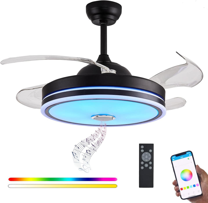 36 in. Black Bluetooth Ceiling Fan with Light and Remote, Dimmable RGB Fandelier with Music Player, Retractable Blade Ceiling Fan for Living Room Bedroom-1-ErisView